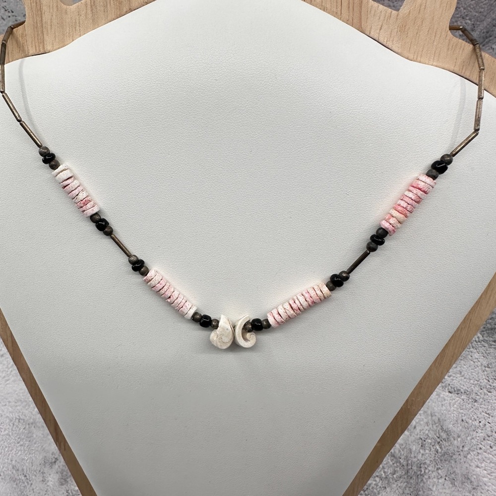 Pink Heishi Bead Necklace Black Brass Tone Vintage Boho Spiral Statement Pendant